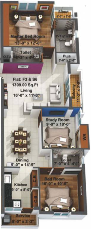 Sai Sai Sansthan (2BHK+3T (1,398 sq ft) + Study Room 1398 sq ft)