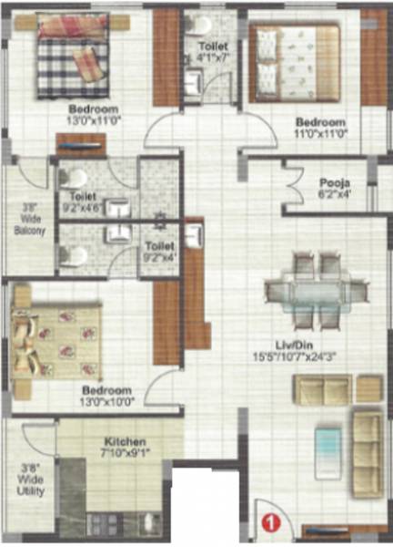 RNR Serene (3BHK+3T (1,450 sq ft) + Pooja Room 1450 sq ft)