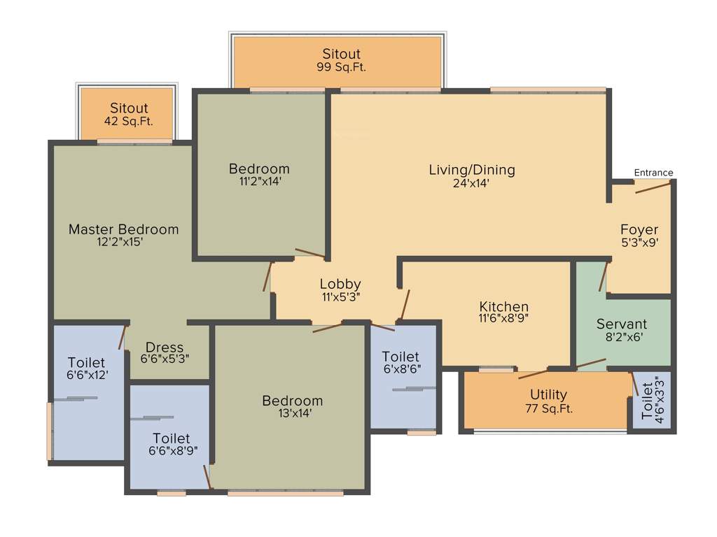 Vipul Aarohan (3BHK+3T (2,410 sq ft)   Servant Room 2410 sq ft)