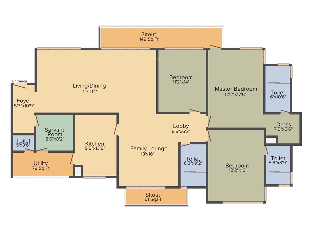 Vipul Aarohan (3BHK+3T (2,940 sq ft)   Servant Room 2940 sq ft)