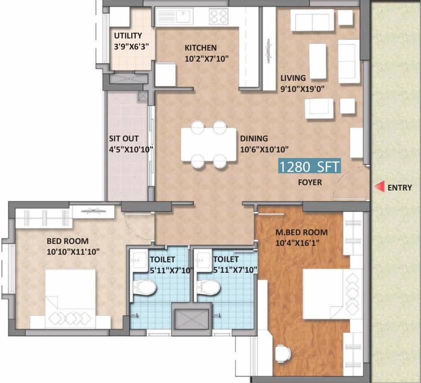 Monarch Aqua (2BHK+2T (1,280 sq ft) 1280 sq ft)