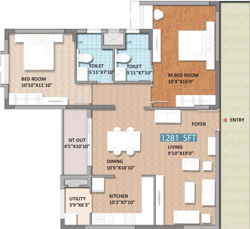 Monarch Aqua (2BHK+2T (1,281 sq ft) 1281 sq ft)