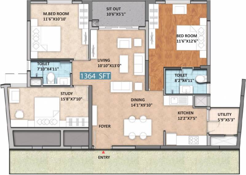 Monarch Aqua (2BHK+2T (1,364 sq ft) + Study Room 1364 sq ft)