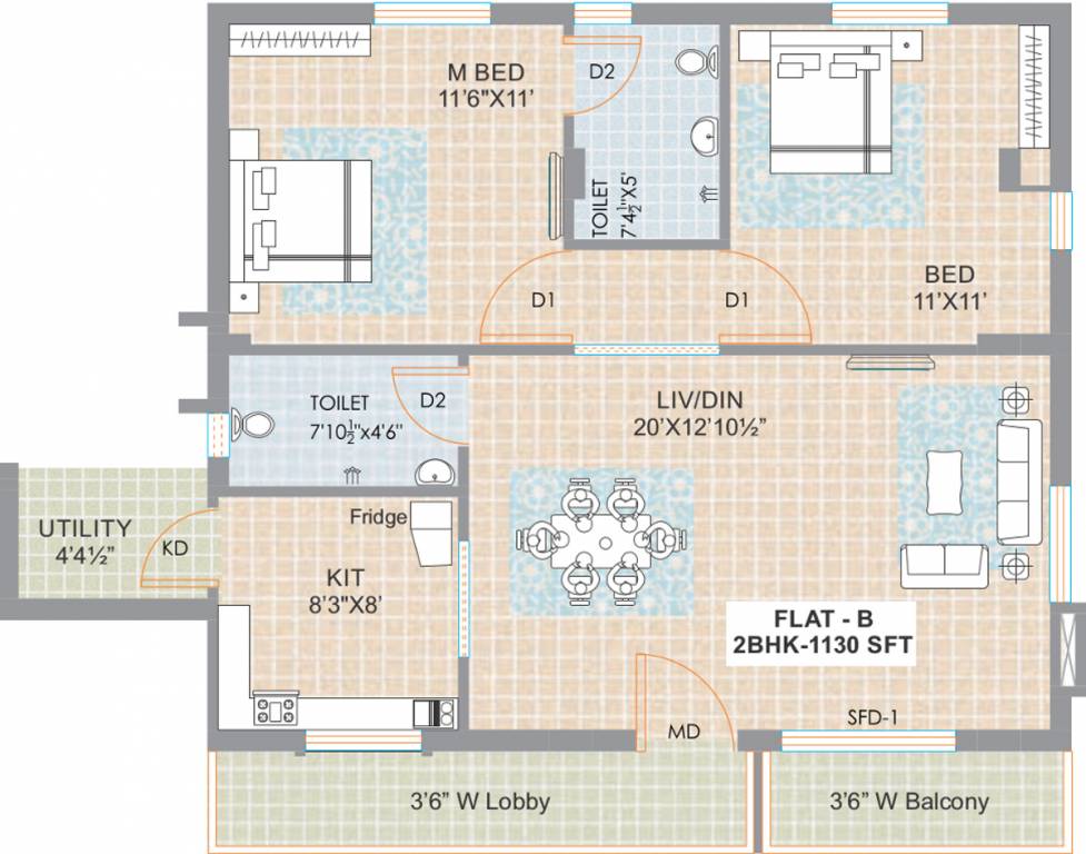 1130 sq ft 2 BHK 2T Apartment for Sale in Riddhi Pebble Madhapur Hyderabad