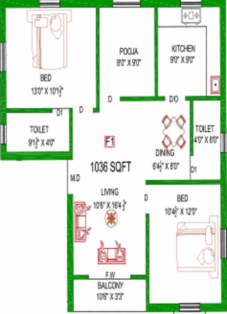 Lakshmikantham Sri Ram Colony (2BHK+2T (1,036 sq ft) + Pooja Room 1036 sq ft)