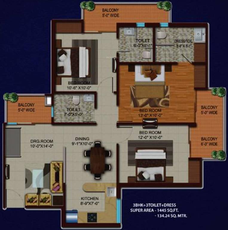Migsun Kiaan (3BHK+3T (1,445 sq ft) 1445 sq ft)