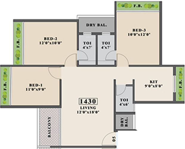 Tricity Promenade (2BHK+2T (1,430 sq ft) 1430 sq ft)