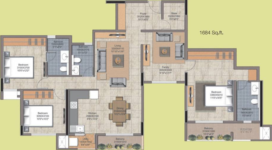 Nitesh Hyde Park (3BHK+3T (1,684 sq ft) 1684 sq ft)