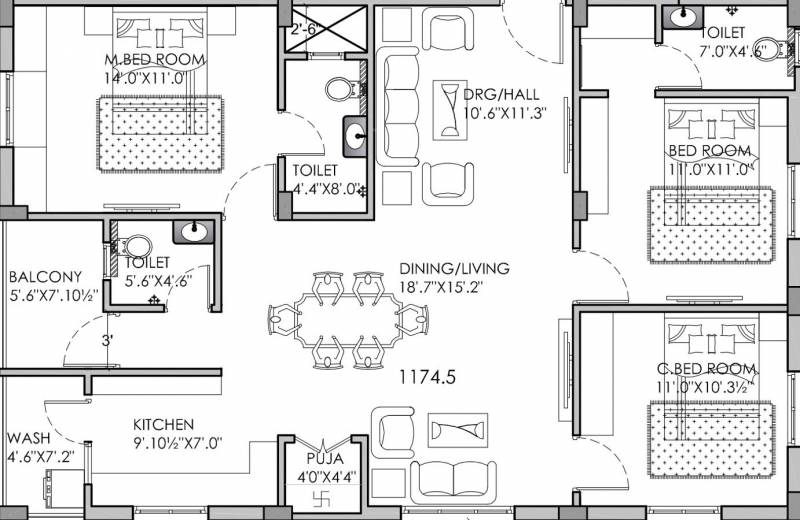 Sindhu Haritha Habitat (3BHK+3T (1,174 sq ft) + Pooja Room 1174 sq ft)