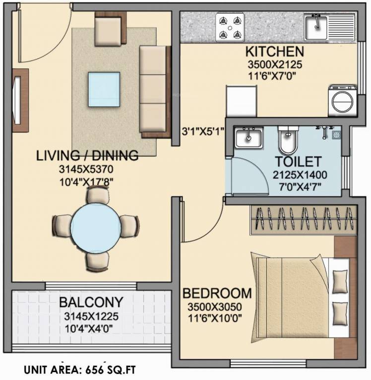 Skylark Dasos (1BHK+1T (656 sq ft) 656 sq ft)