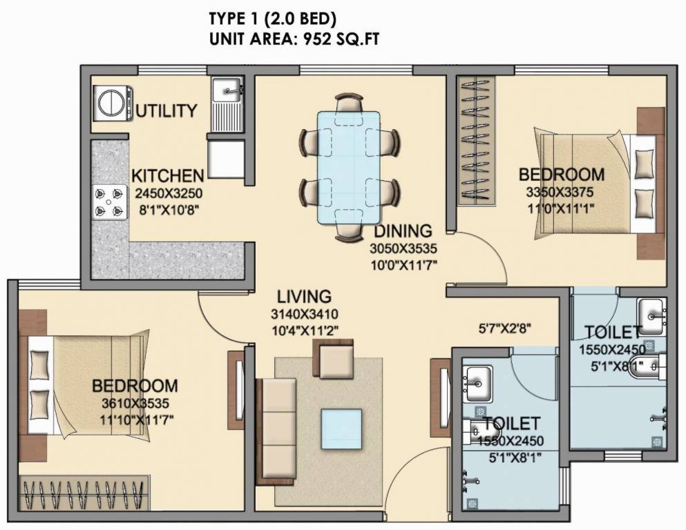 Skylark Dasos (2BHK+2T (952 sq ft) 952 sq ft)