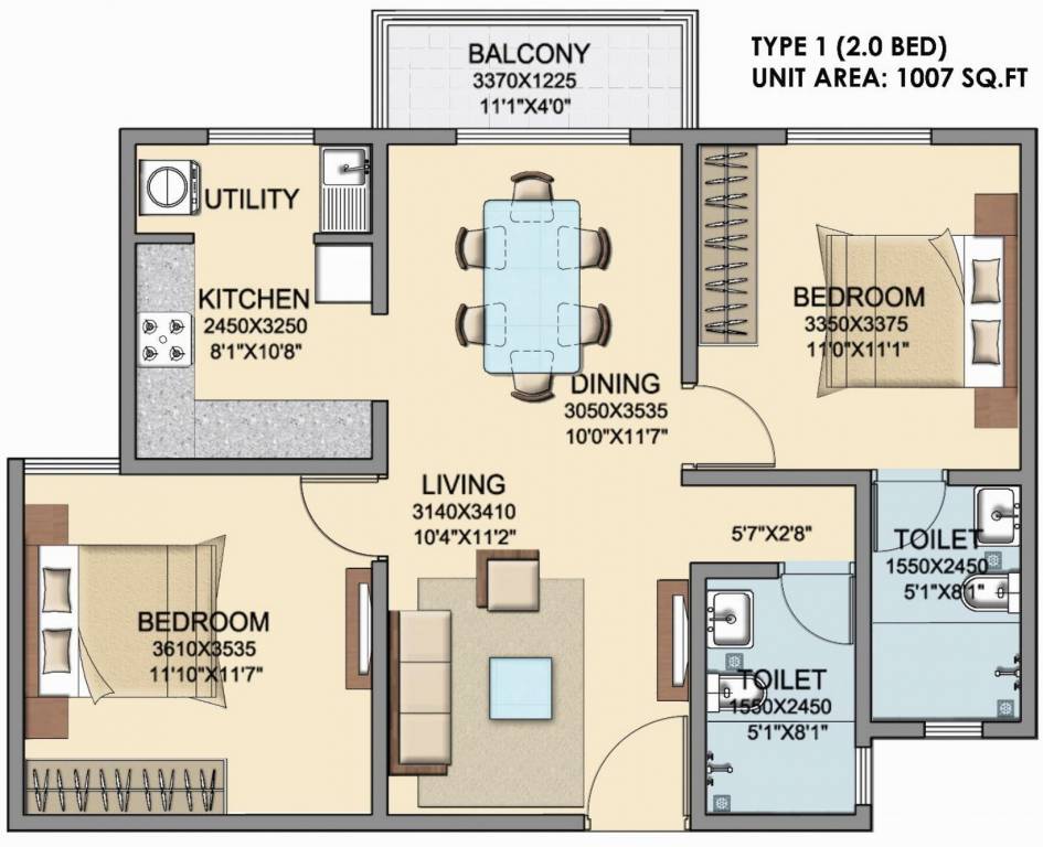 Skylark Dasos (2BHK+2T (1,007 sq ft) 1007 sq ft)