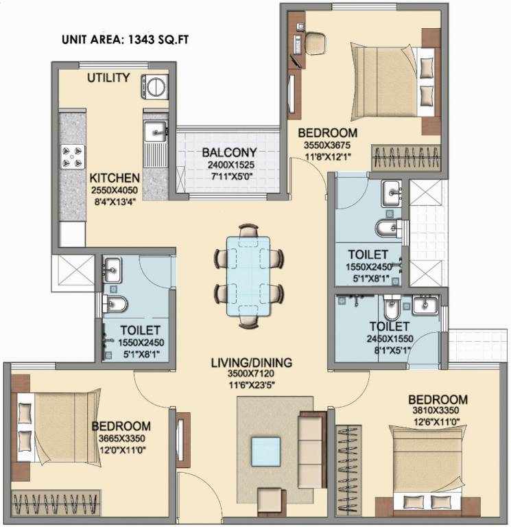 Skylark Dasos (3BHK+3T (1,343 sq ft) 1343 sq ft)