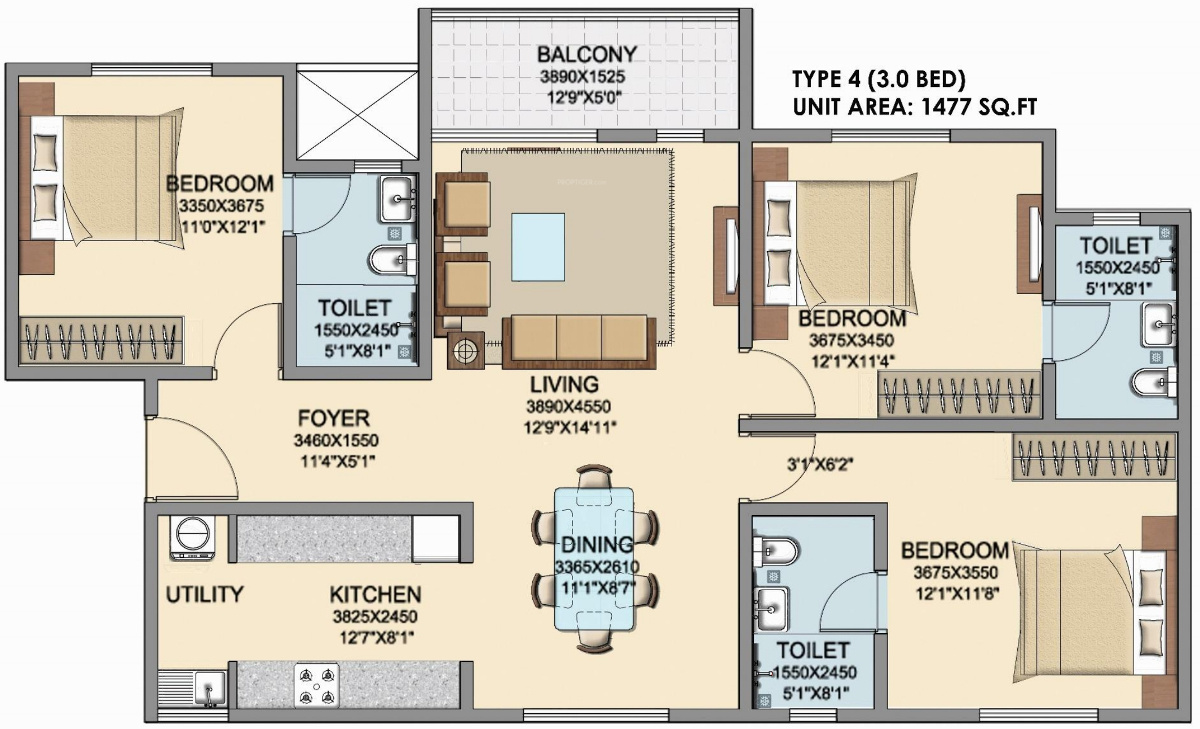 Skylark Dasos (3BHK+3T (1,477 sq ft) 1477 sq ft)