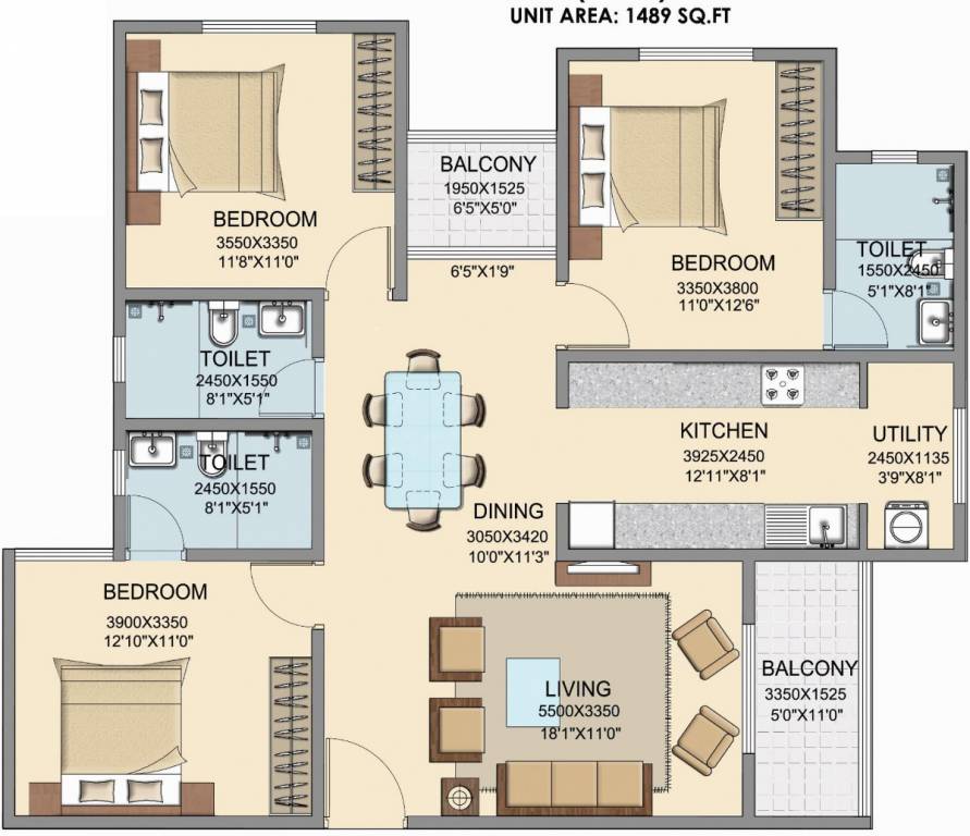 Skylark Dasos (3BHK+3T (1,489 sq ft) 1489 sq ft)