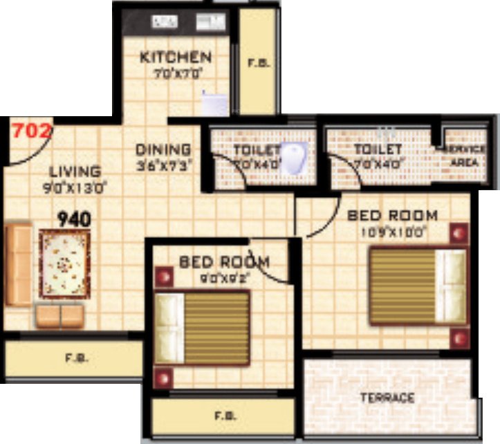 KD Kalash (2BHK+2T (940 sq ft) 940 sq ft)