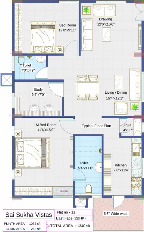 Sai Sukha Vistas (2BHK+2T (1,340 sq ft) + Study Room 1340 sq ft)