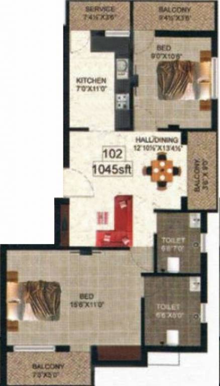 Forsche Ornate (2BHK+2T (1,045 sq ft) 1045 sq ft) Forsche Ornate (2BHK+2T (1,045 sq ft) 1045 sq ft)