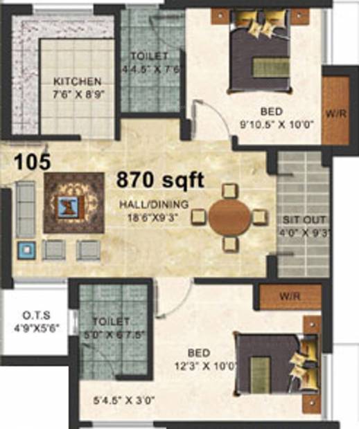 Forsche Elina (2BHK+2T (870 sq ft) 870 sq ft)