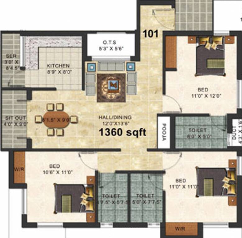 Forsche Elina (3BHK+3T (1,360 sq ft) + Pooja Room 1360 sq ft) Forsche Elina (3BHK+3T (1,360 sq ft) + Pooja Room 1360 sq ft)