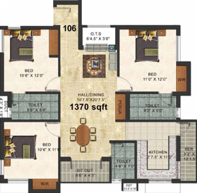 Forsche Elina (3BHK+3T (1,370 sq ft) + Pooja Room 1370 sq ft)