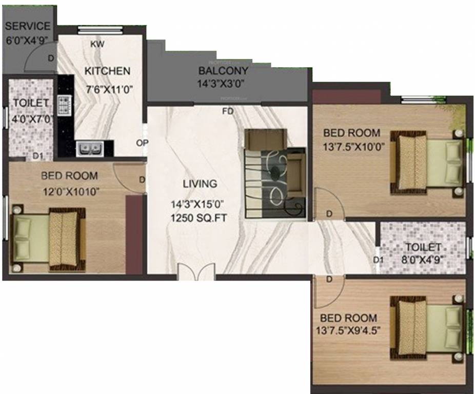 Brownstone Brownstone Beryl (3BHK+2T (1,250 sq ft) 1250 sq ft)