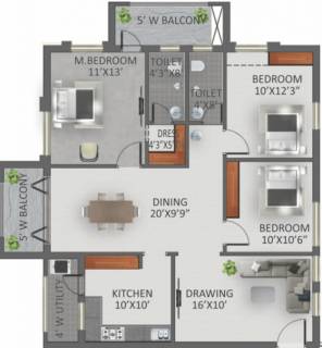1550 Sq Ft 3 Bhk Floor Plan Image Greenmark Developers Galaxy