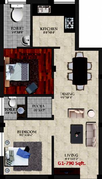 Four Hampton Square (2BHK+2T (790 sq ft) + Pooja Room 790 sq ft)