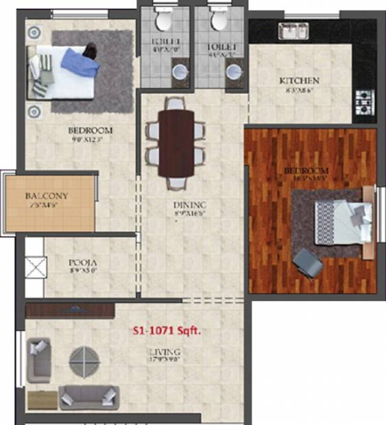 Four Hampton Square (2BHK+2T (1,071 sq ft) + Pooja Room 1071 sq ft)