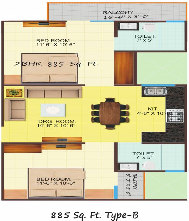 Whitney Green Residency (2BHK+2T (885 sq ft) 885 sq ft) Whitney Green Residency (2BHK+2T (885 sq ft) 885 sq ft)