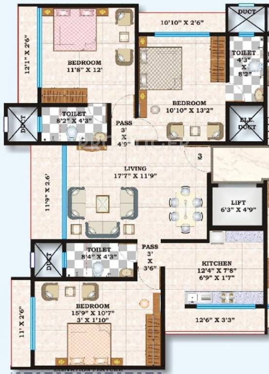 Dipti Dip Mani Floor Plan (3BHK+3T)