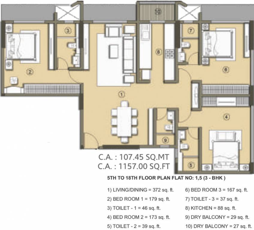 Princecare Zinnia (3BHK+3T (1,157 sq ft) 1157 sq ft)