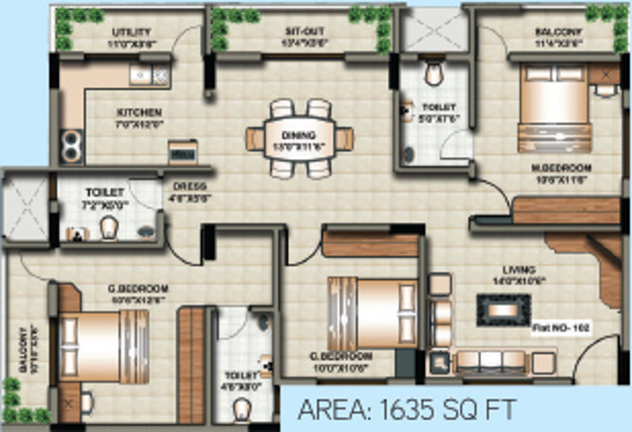 Sowparnika Grandeur (3BHK+3T (1,635 sq ft) 1635 sq ft)