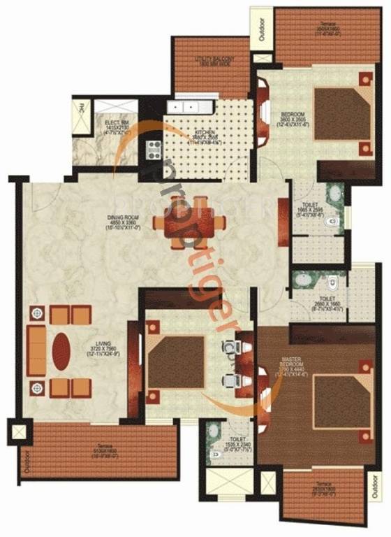 Floor Plan (3BHK+3T + Servant Room) Mahindra Lifespaces Chloris Floor Plan (3BHK+3T + Servant Room)
