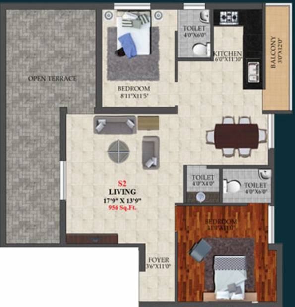 Four Faustino Square (2BHK+3T (956 sq ft) 956 sq ft)