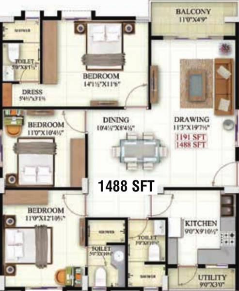 Maphar Serene (3BHK+3T (1,488 sq ft) 1488 sq ft)