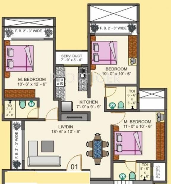 Lalani Residency Floor Plan (3BHK+3T)