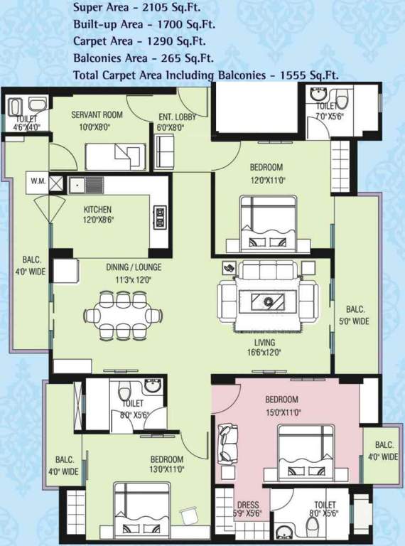 Purvanchal Kings Court (3BHK+3T (2,105 sq ft) + Servant Room 2105 sq ft)