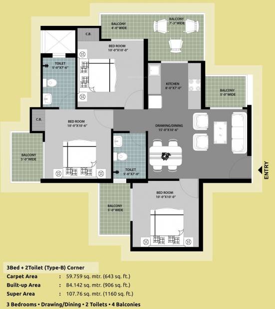 Arihant Abode (3BHK+2T (1,160 sq ft) 1160 sq ft)