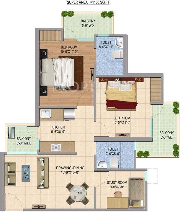 Yash O3K Ozone Klassic (2BHK+2T (1,150 sq ft)   Study Room 1150 sq ft)