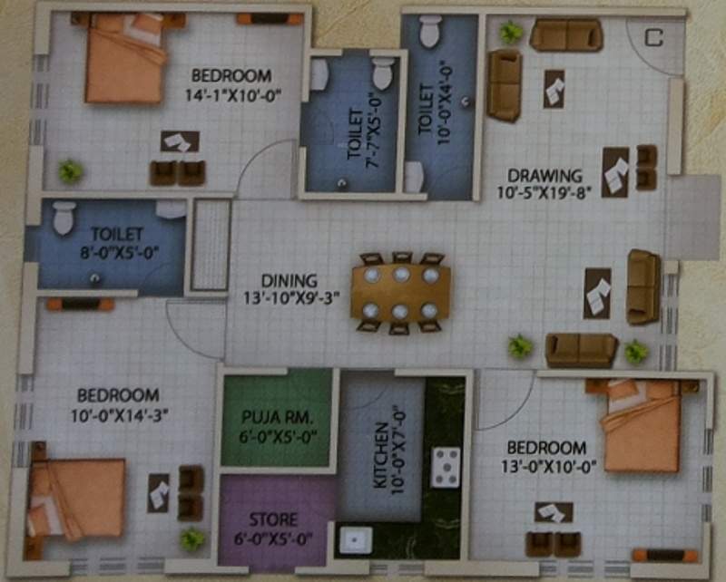 Vasudeva Realty Blue Sapphire (3BHK+3T (1,386 sq ft)   Pooja Room 1386 sq ft)