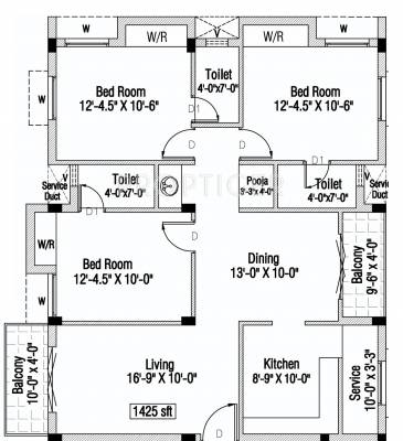 Krishna Castle Floor Plan (3BHK+1T)