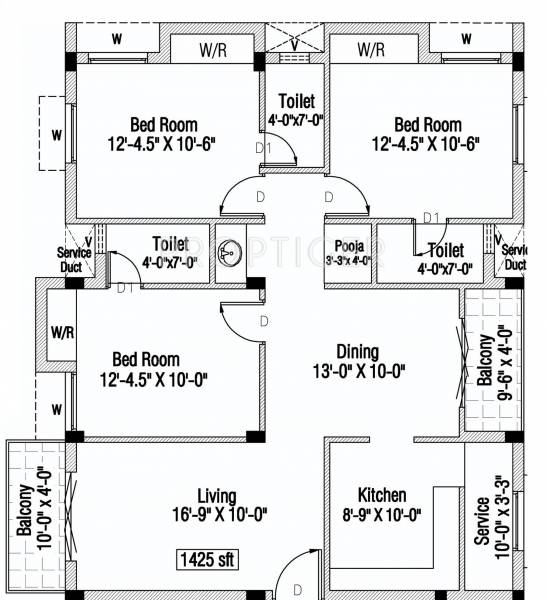 Krishna Castle Floor Plan (3BHK+1T)