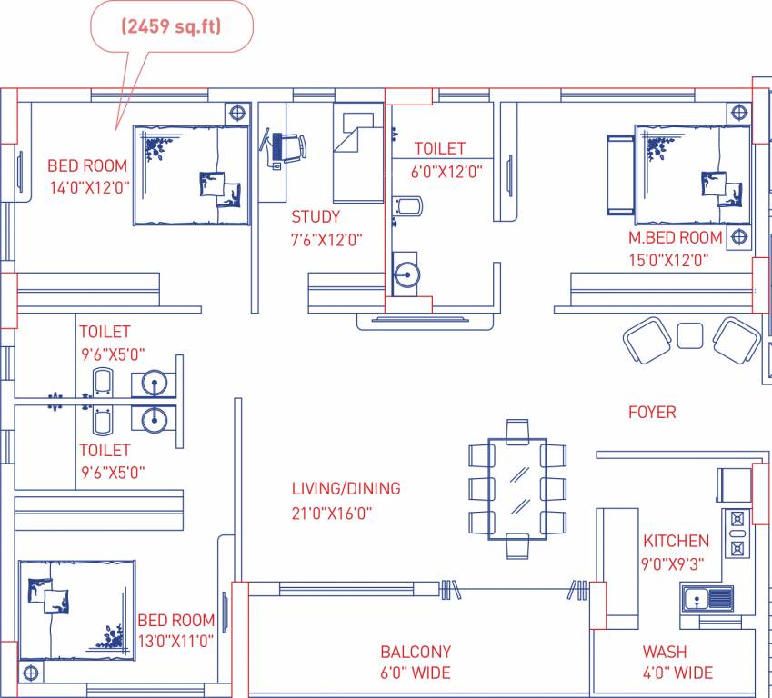 Salarpuria Sattva The Avenue (3BHK+3T (2,459 sq ft)   Study Room 2459 sq ft)