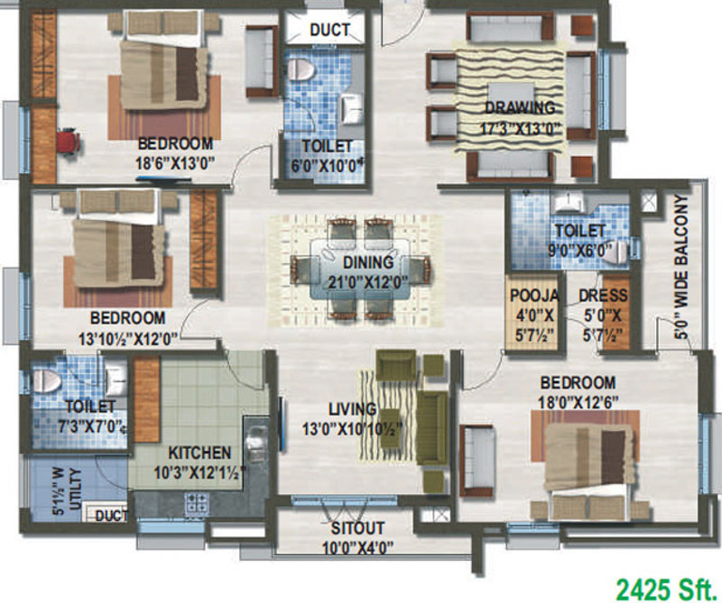 Sew Estella (3BHK+3T (2,425 sq ft)   Pooja Room 2425 sq ft)