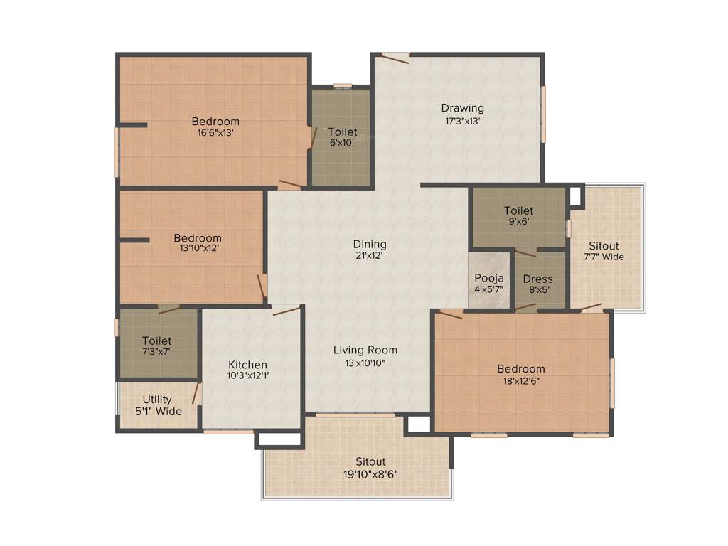 Sew Estella (3BHK+3T (2,595 sq ft)   Pooja Room 2595 sq ft)