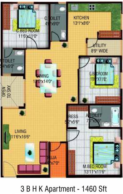 Janapriya Arcadia (3BHK+3T (1,460 sq ft) + Pooja Room 1460 sq ft)