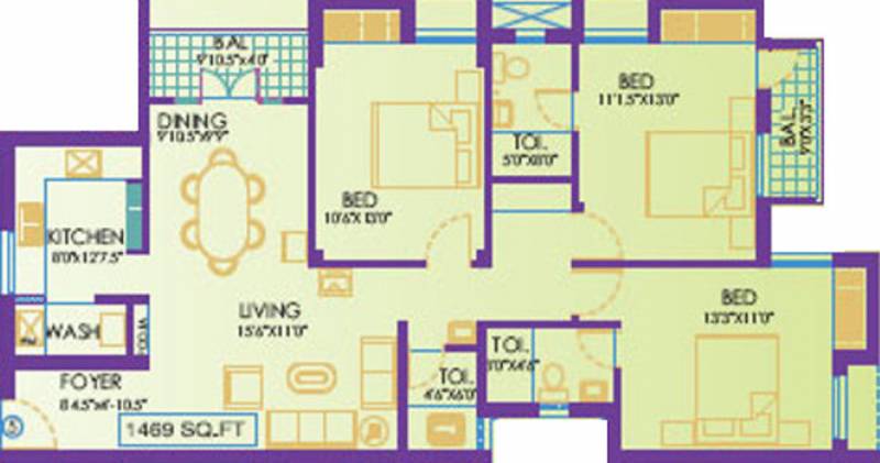 Navin Merrylands (3BHK+3T (1,469 sq ft) + Pooja Room 1469 sq ft)