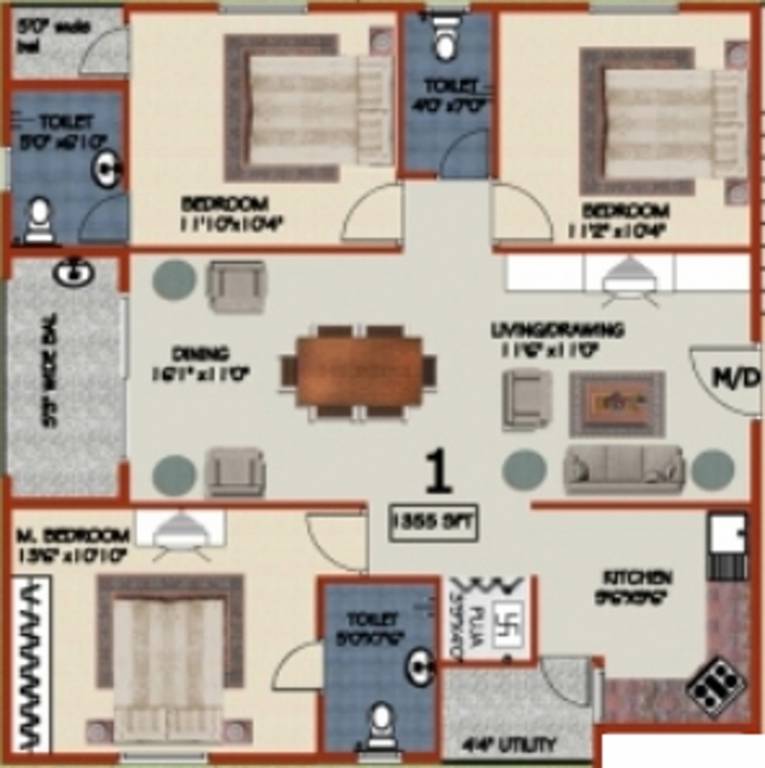 Janapriya Nile Valley (3BHK+3T (1,355 sq ft)   Pooja Room 1355 sq ft)