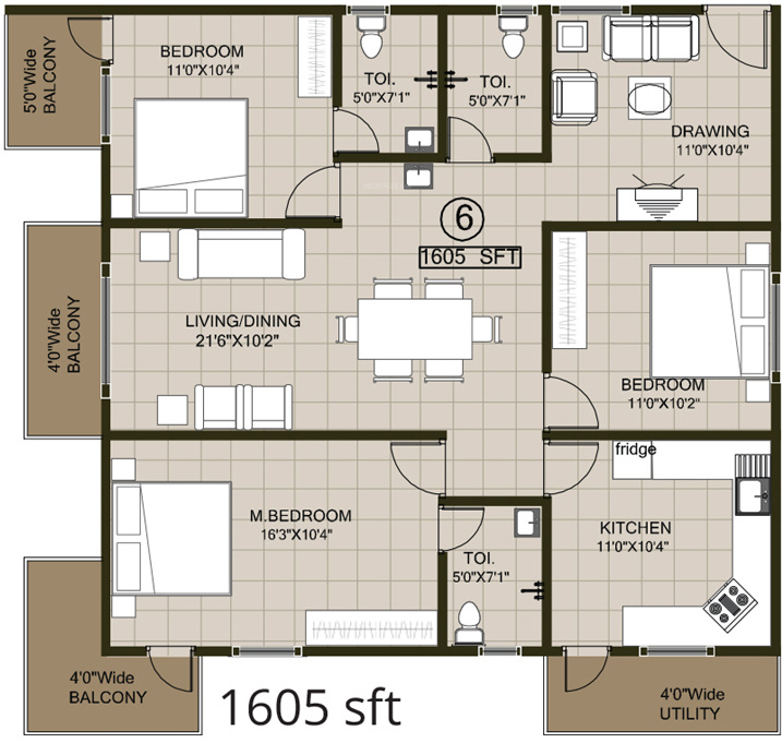 Janapriya Nile Valley (3BHK+3T (1,605 sq ft) 1605 sq ft)